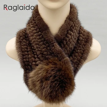Женский шарф из натурального меха Норки, зимние женские теплые шали, Стильная однотонная вязаная грелка для шеи 62 см x10 см