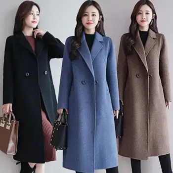 Женское зимнее пальто с отложным воротником, однотонные длинные рукава, двойные пуговицы, Свободный кардиган средней длины, женское пальто для