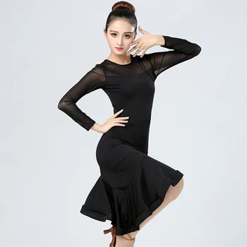 Женское латиноамериканское платье с длинными рукавами для взрослых, черное бархатное платье для латиноамериканских танцев, бальное танго, Современная румба, Ча-Ча-Ча Сальса, женский танцевальный костюм