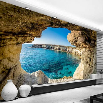 Изготовленные на заказ самоклеящиеся водонепроницаемые настенные обои 3D Пещера Морской пейзаж Фото Настенная живопись Гостиная Ванная комната Съемная наклейка на стену