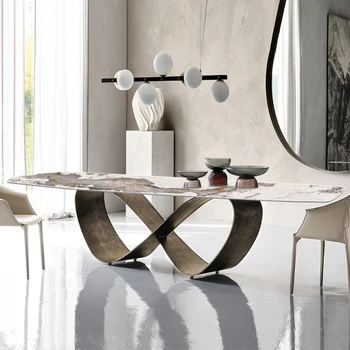 Итальянский роскошный обеденный стол из каменного сланца и сочетание стула модель комнаты бронзовый стол с яркой поверхностью особой формы