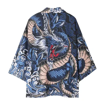 Кардиган Harajuku для взрослых с драконом Хаори, модный топ-кимоно юката, одежда японского самурая для косплея, свободная повседневная рубашка унисекс, блузка