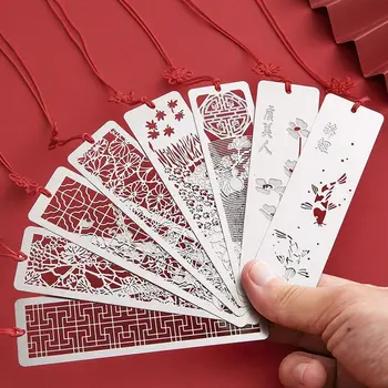 Китайский ретро стиль Полые Металлические закладки с красным узлом Закладки из нержавеющей стали Креативные подарки для детей, студентов, школьные принадлежности
