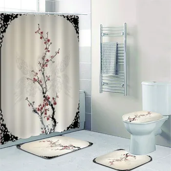 Классическая китайская картина в рамке с изображением цветущей вишни, нанесенная тушью, Занавески для душа, Восточные ветви, цветы, аксессуары для ванной комнаты, коврик