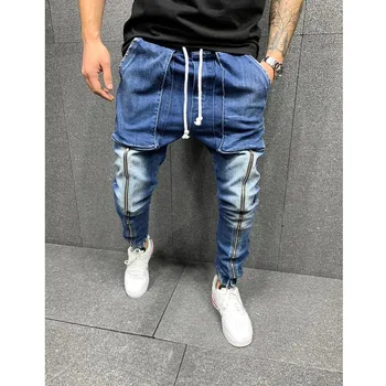 Классические мужские джинсы для бега трусцой с высокой эластичностью, вылинявшие джинсовые брюки Slim fit, Молодежные стильные джинсы с множеством карманов, pantalones hombre