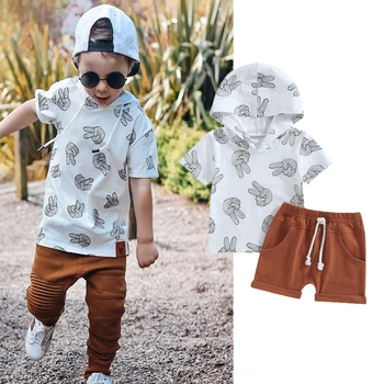 Комплекты летней одежды для маленьких мальчиков FOCUSNORM от 0 до 3 лет, топы с капюшоном и отпечатками пальцев, 2 предмета, шорты с эластичной резинкой на талии