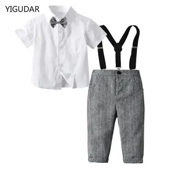 Комплекты одежды для мальчиков, Весна-осень, Новые белые топы с длинными рукавами для мальчиков + брюки на подтяжках, повседневная одежда