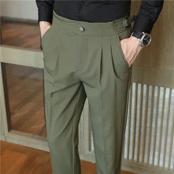 Корейские мужские однотонные костюмные брюки, облегающие ноги, повседневные Британские брюки с высокой талией, осенние офисные брюки, мужские модельные брюки, брюки