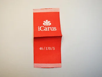 Красная тканая этикетка из дамасской ткани, тканая бирка с центральным сгибом для одежды, используемая в качестве шейной этикетки и боковых этикеток, с размерами и инструкциями по уходу