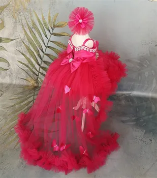 Красное пышное Бальное платье, Платья Для маленьких девочек С открытыми плечами, Детское платье На День Рождения, Тюлевое Рождественское платье с большим бантом Для девочек, Размер от 1 до 14 лет