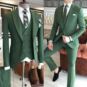 Красочные зеленые Приталенные смокинги из 3 предметов, свадебные мужские костюмы жениха, смокинг terno masculino de pour hommes для мужчин (Куртка + Брюки + Жилет)
