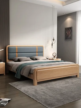 Кровать из массива европейского бука небольшая квартира в скандинавском стиле 1,5 м современная простая кожаная мебель из бревна 1,8 м мягкая кровать