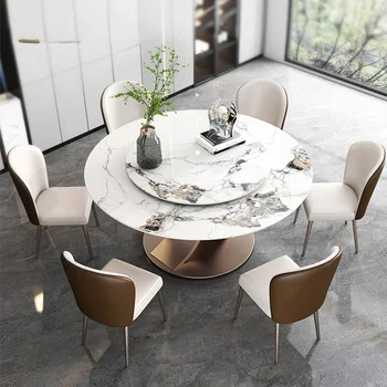 Круглые обеденные столы с поворотным кругом и 6 Стульями Роскошный Белый стол для еды из мрамора Современный Кухонный гарнитур