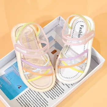 Летние модные разноцветные сандалии для девочек, милая нескользящая пляжная обувь, Удобные мягкие детские легкие сандалии с открытым носком