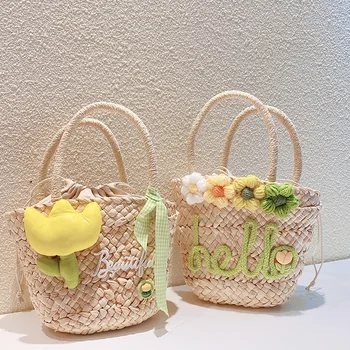 Летние соломенные сумки для девочек с пышным цветком и буквой Тюльпан, тканые сумки ручной работы, Детская праздничная сумочка для девочек, пляжные сумки