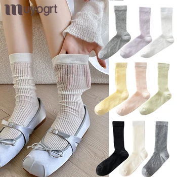 Летние Тонкие дышащие Женские длинные носки, Корейская мода, Однотонные Свободные Длинные носки, Японский стиль, Черные Белые носки для школьниц