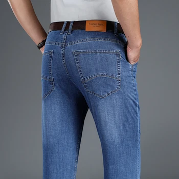 Летние Тонкие мужские джинсы с прямым рукавом, свободные мужские брюки среднего возраста, весенне-летние повседневные брюки, стрейчевые брюки