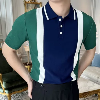 Летняя новая мужская Корейская повседневная футболка с лацканами из ледяного шелка с короткими рукавами, деловая рубашка поло из тонкого трикотажа