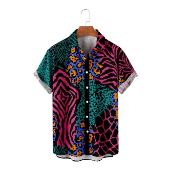 Летняя повседневная рубашка с леопардовым принтом, уличная одежда, мужские топы с коротким рукавом, модная рубашка на пуговицах для вечеринок