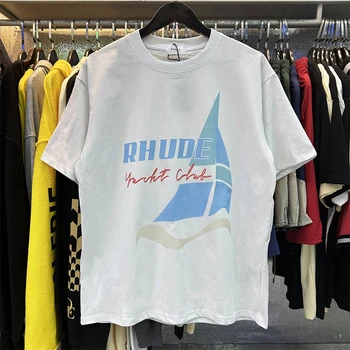 Летняя футболка Rhude 2023 Для мужчин И женщин с принтом флага и паруса в стиле хип-хоп, высококачественные бирки, Классическая футболка с логотипом Rhude С буквами