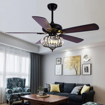 Люстры Светодиодный потолочный вентилятор Подвесной светильник Art 52 inch Loft crystal с вентилятором для гостиной Светильники из черного дерева