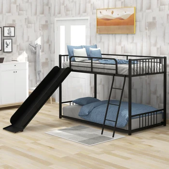 Металлическая двухъярусная кровать с горкой, две односпальные кровати, черная (ожидаемое время выхода в свет: 2.7)