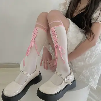 Милые длинные чулки-бандаж с перекрестной завязкой, Женские длинные носки с бантом из ленты в стиле Лолиты, униформа для Японского косплея, носки средней длины
