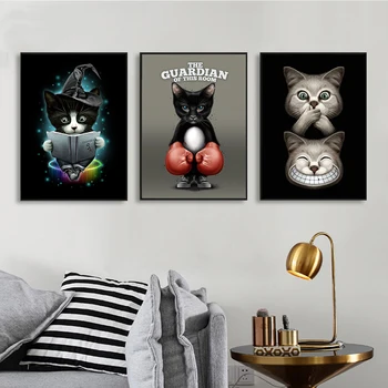 Милый забавный кот, художественная картина на холсте с рамкой, абстрактный настенный плакат с животными и принты, Современный домашний декор, живопись для спальни