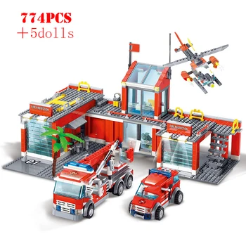 Модель городской пожарной станции, вертолет, Строительные блоки, фигурки пожарных, Развивающие Строительные Кирпичи, Игрушки для детей
