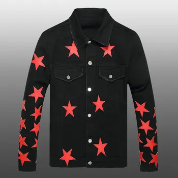 Модная брендовая кожаная джинсовая куртка со звездной строчкой Для мужчин, модная джинсовая куртка с рваными пуговицами, Нарядное пальто, мужская уличная куртка