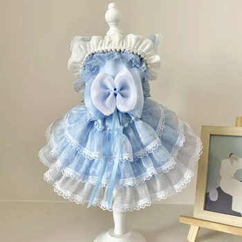 Модная одежда для щенков пуделя Чихуахуа, голубые платья принцессы с бантом в стиле Лолиты для маленьких средних собак, Повседневная одежда