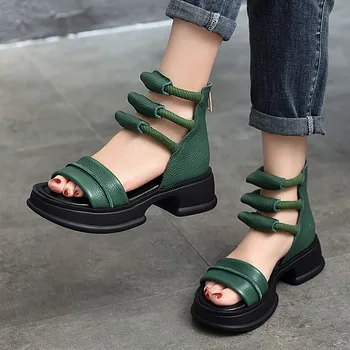 Модные женские сандалии с открытым носком, Новинка лета 2023, водонепроницаемая обувь на платформе с толстой подошвой из натуральной кожи, винтажные сандалии