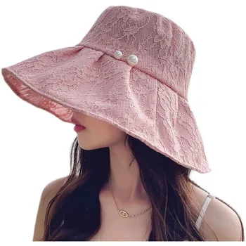 Модные женские широкополые шляпы с жемчужным кружевом, женская Рыбацкая шляпа, женская летняя пляжная солнцезащитная кепка с защитой от ультрафиолета