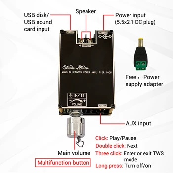 Модуль усилителя мощности звука Bluetooth мощностью 100 Вт с функцией TWS Box ZK-1001B DC7-24V, Микросхема усилителя мощности TPA3116