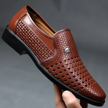 Мужская Повседневная обувь 2023, Летние Полые Дышащие Оксфорды, Однотонная Обувь, Весенние Слипоны Для Официальных Вечеринок, Обувь из Искусственной Кожи для Мужчин