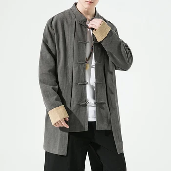 Мужская рубашка в китайском стиле, воротник-стойка на пуговицах, повседневные однотонные винтажные рубашки в стиле Тан, мужские поддельные рубашки из 2 предметов