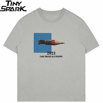 Мужская Уличная Хип-Хоп Футболка Bullet Pencil Graphic T-Shirt Harajuku 2023 Летняя Футболка С Коротким Рукавом Хлопчатобумажные Топы, Футболка Серый Белый