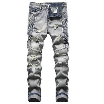Мужские джинсы Повседневные рваные Облегающие байкерские джинсы с дырками Джинсовые брюки с вышивкой Хип-хоп Мужская одежда Длинные брюки Панк Мешковатая уличная одежда