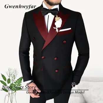 Мужские костюмы с лацканами Gwenhwyfar бордового цвета из серии Simple is Classic 2022, двубортный блейзер и брюки для жениха, 3 кармана с клапанами