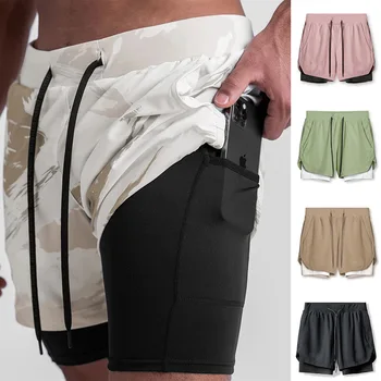 Мужские летние беговые двухслойные дышащие и быстросохнущие спортивные брюки, повседневные шорты для фитнеса со встроенным карманом