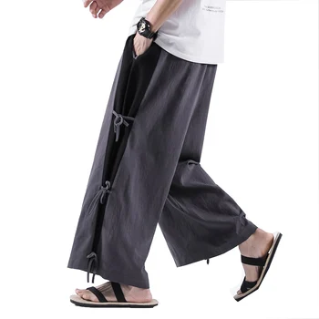 Мужские льняные широкие брюки, мужская черная уличная одежда в стиле харадзюку, шаровары, Мужская хлопковая юбка HanFu Kongfu в китайском стиле