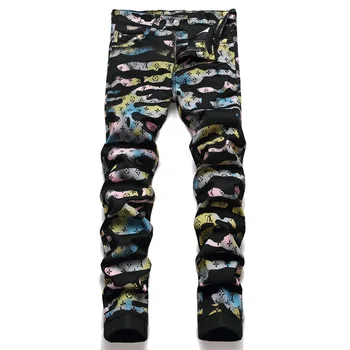 Мужские модные джинсы уличная одежда Calca Rock Уличная одежда в стиле хип-хоп с многоцветным принтом мужские узкие джинсы