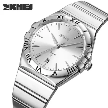 Мужские часы бренда SKMEI, деловые римские цифры, ремешок из нержавеющей стали, водонепроницаемые часы для мужчин, кварцевые часы с датой в простом стиле.