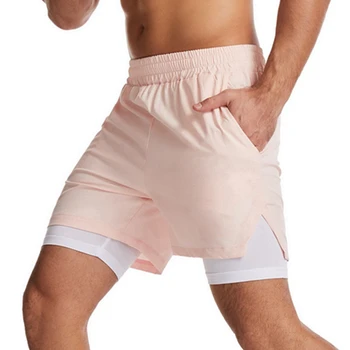 Мужские шорты для бега 2 в 1 Розовые шорты для бега трусцой, быстросохнущие шорты для занятий в тренажерном зале, мужские двухслойные шорты для тренировок по бодибилдингу