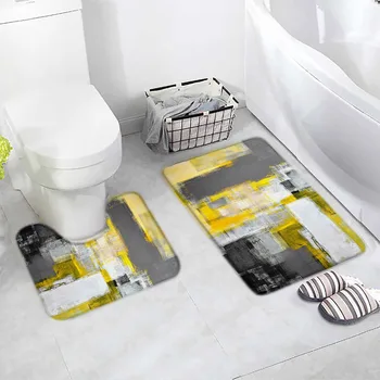 Набор ковриков для ванной в стиле Абстрактный гранж, Серый, Желтый, сращивание, Современный геометрический домашний ковер, Декор для ванной комнаты, Нескользящие коврики, U-образный коврик