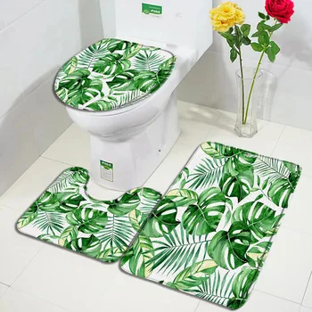 Набор ковриков для ванной с тропическими листьями, Зеленая акварель, пальмовый лист, растение Монстера, домашний ковер, декор для ванной комнаты, нескользящий коврик, крышка унитаза