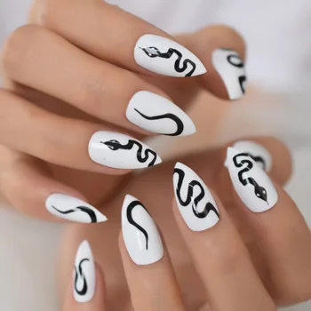 Нейл-арт Накладные ногти на шпильках Белого цвета с клеевой наклейкой в виде змеиного рисунка Накладные искусственные ногти Декоративный дизайн