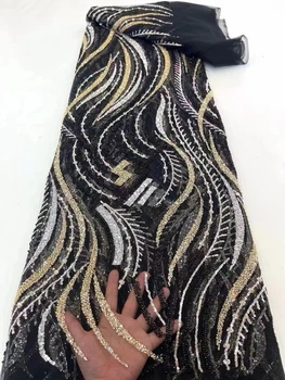 Нигерийская сетчатая кружевная ткань с блестками ручной работы, Африка 2022, высококачественное роскошное тюлевое кружево из бисера для пошива свадебного вечернего платья
