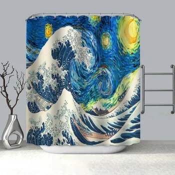 Новая Великая волна занавески для душа Kanagawa из полиэстеровой ткани, ширмы, занавески для ванной, 3D водонепроницаемая занавеска для ванны с крючками