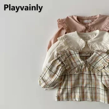 Новая весенне-осенняя рубашка для девочек белого / розового цвета с рисунком в клетку, блузки с длинным рукавом и матросским воротником, Милая детская хлопчатобумажная одежда E5454